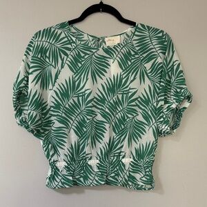 Maeve Green Palm-Print Short Sleeve Blouse